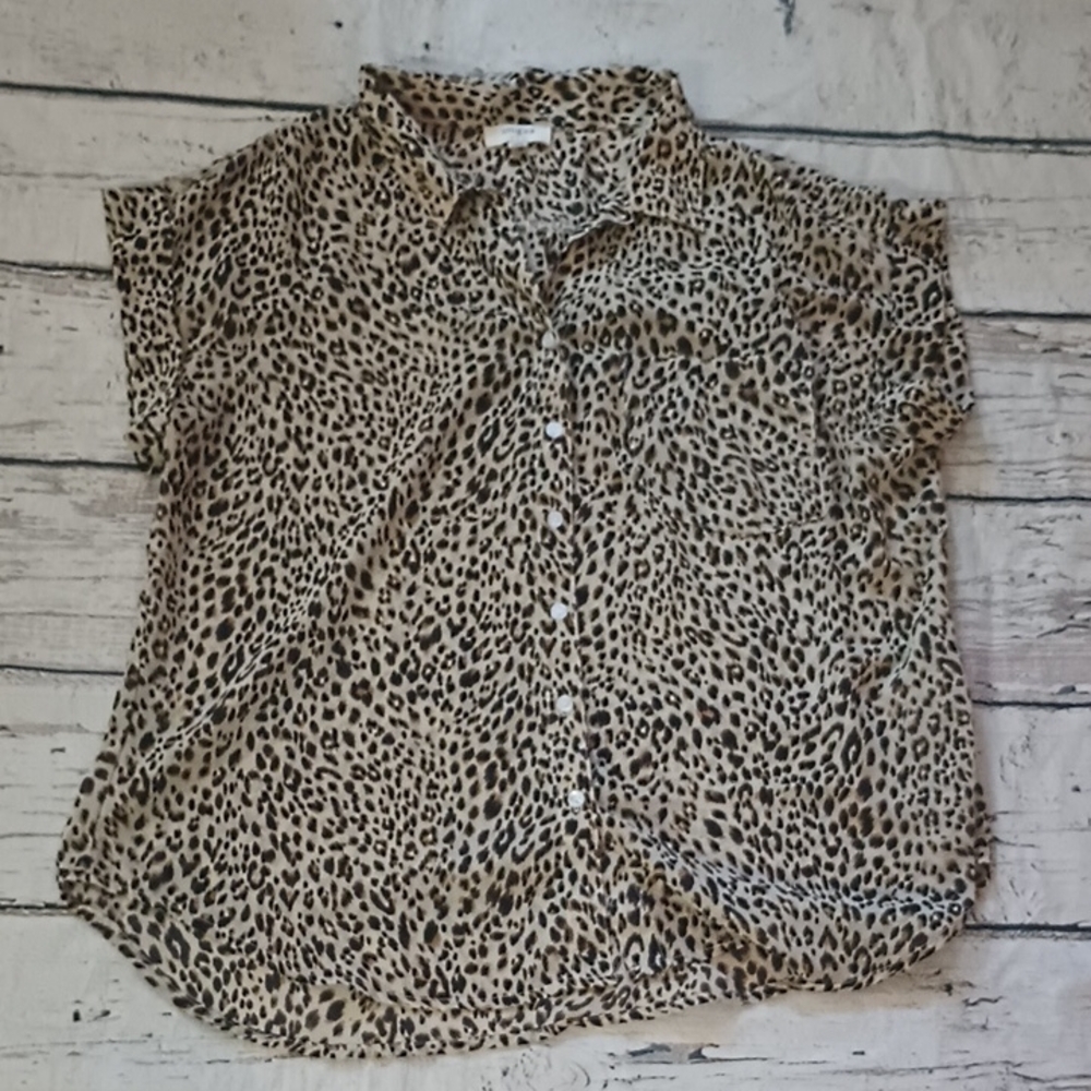 Umgee Tan Black Sheer Leopard Print Short Sleeve Button Up Shirt L